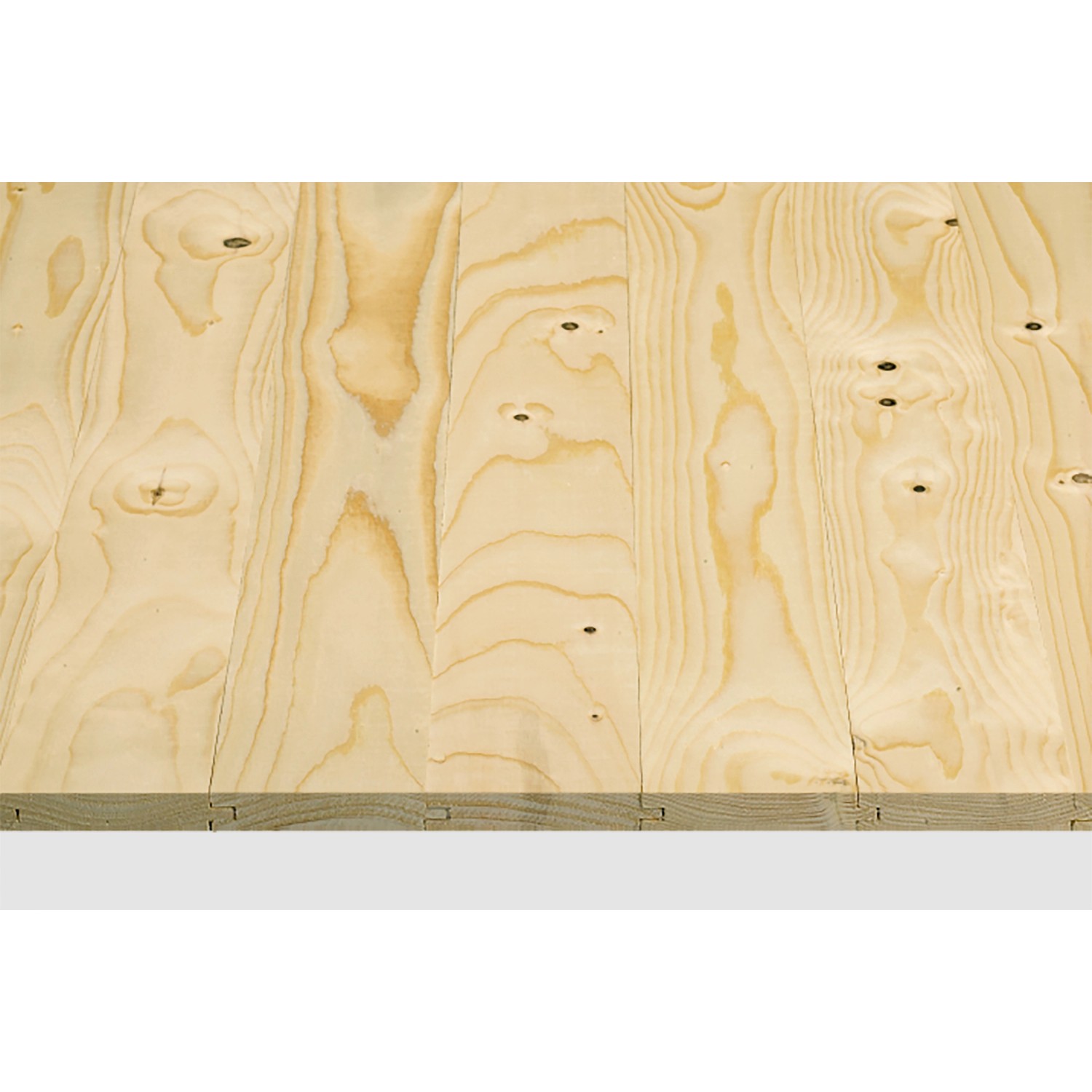 Nahaufnahme von unbehandeltem Fichte/Kiefer Rauspund (19x96x4000 mm) mit Holzmaserung.