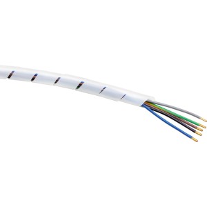 Weißer Spiral-Kabelschlauch (1,5 m) mit Kabeln, flexibler Schutz für Elektroinstallationen.