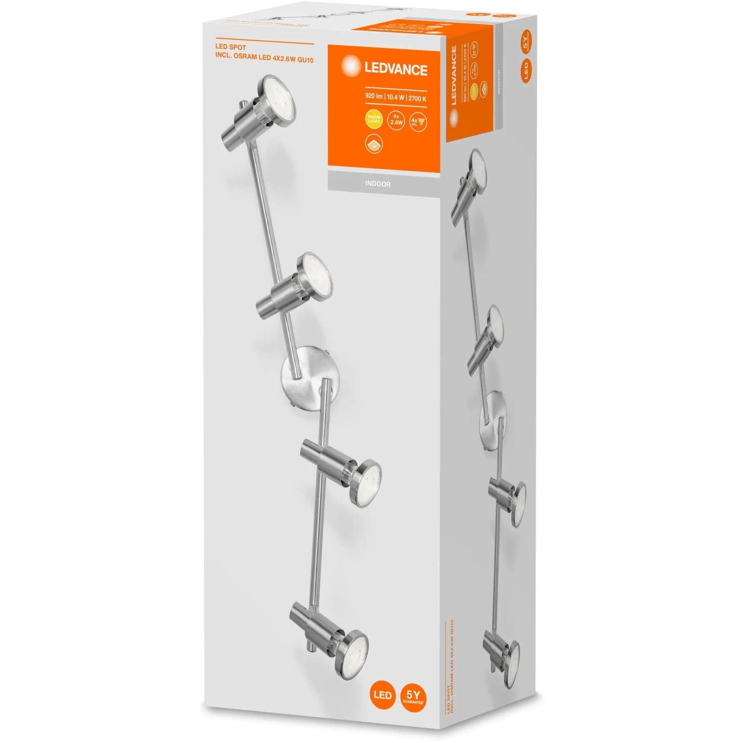 Ledvance LED-Spot, 4-flammig, silberfarben, 17 cm. Deckenleuchte mit vier Strahlern in gebürstetem Nickel.