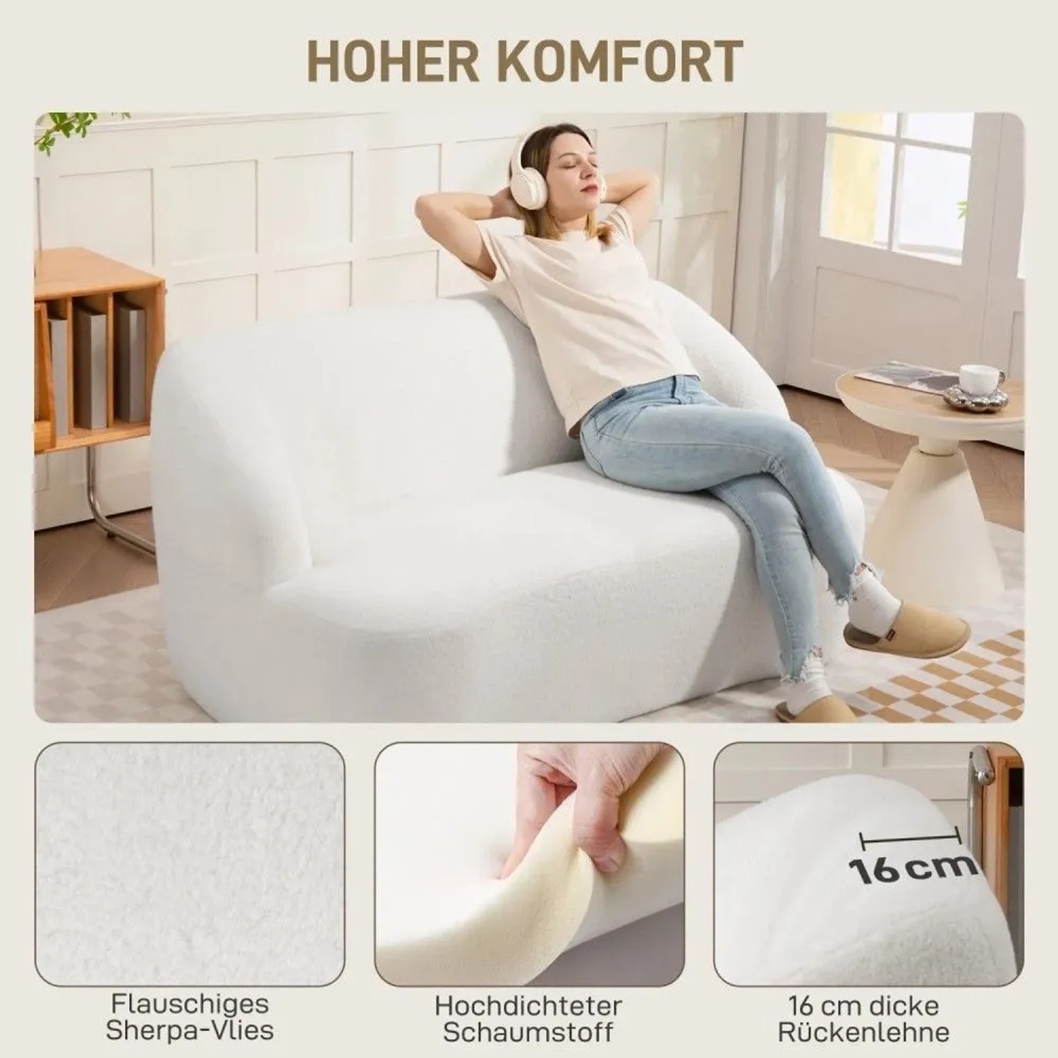 Cremeweißes HOMCOM 2-Sitzer Polstersofa mit geschwungenem Design, flauschigem Fleece und dicker Rückenlehne. Komfortable Couch für Wohnzimmer.