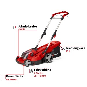 Einhell Akku-Rasenmäher Rasarro 36/36, rot, mit Grasfangkorb. Kabelloser Rasenmäher für Flächen bis 400 m².