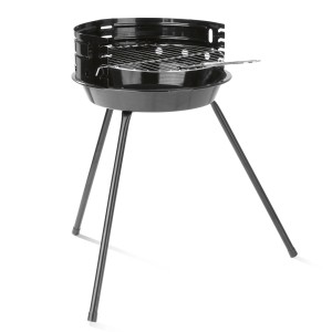 Schwarzer Landmann Rundgrill (Ø 30 cm) mit Windschutz und höhenverstellbarem Grillrost.
