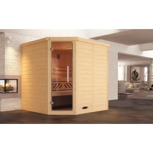 Weka Massivholz-Elementsauna Kemi Eck mit Glastür in hellem Holz, Innenansicht.