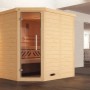 Weka Massivholz-Elementsauna Kemi Eck mit Glastür in hellem Holz, Innenansicht.