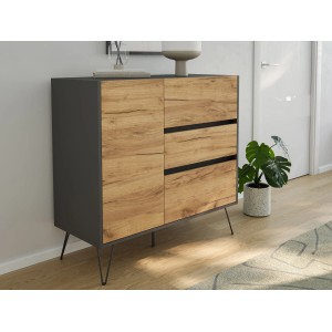 Posseik Sideboard Industrial L, 100 cm breit, mit Schubladen und Tür in Grafit Eiche Optik.