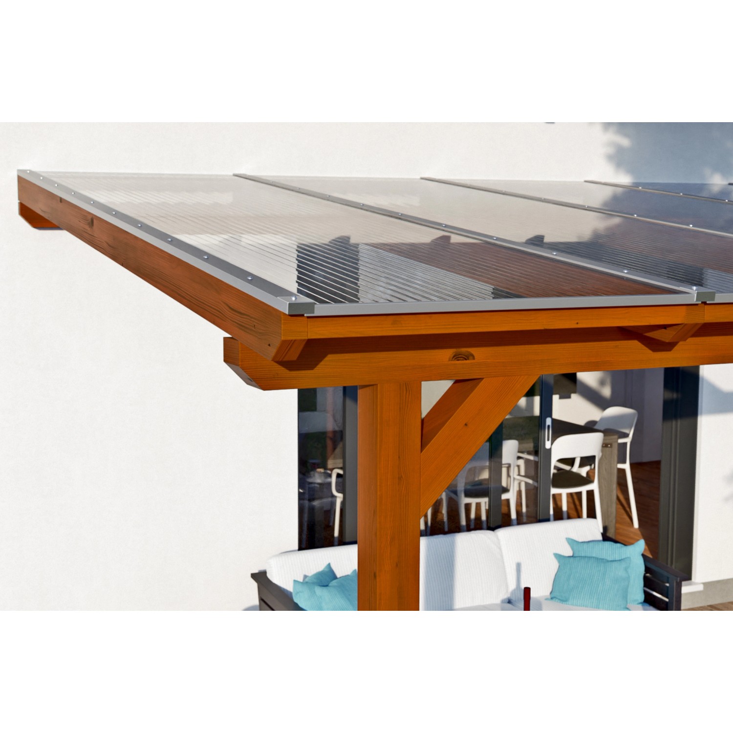 Skan Holz Terrassenüberdachung Bormio aus Leimholz in Nussbaum mit klarer Doppelstegplatte.