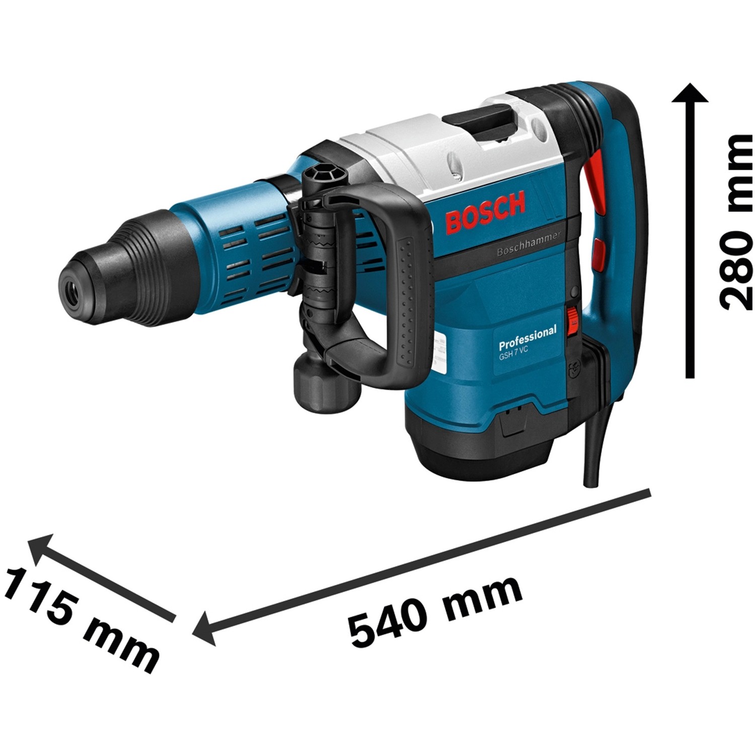 Bosch Professional GSH 7 VC Schlaghammer im Handwerkerkoffer, blau/weiß, mit Maßangaben.