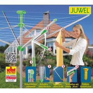 Juwel Wäschespinne Novaplus 600 Easy, silber-grün, mit Frau beim Aufhängen von Wäsche und Detailansichten.