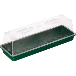 Grüne Gewächshaus-Schale mit transparentem Deckel, 58x19x6 cm, für Pflanzenanzucht.