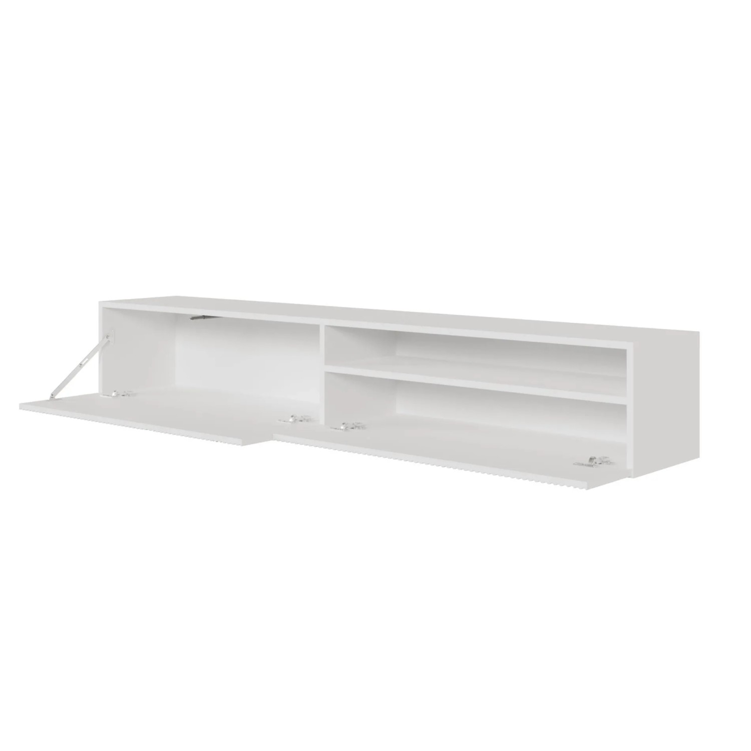 Weißes Selsey Veldio TV-Hängeboard mit Lamellenfront, offenem Fach und zwei Klappfächern. Moderner TV-Schrank.