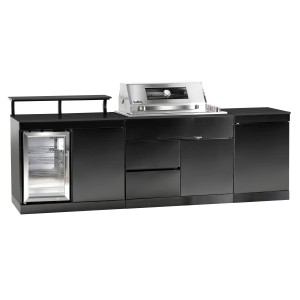 Buschbeck Outdoorküche Brighton mit Kühlschrank und Grill aus schwarzem Edelstahl.