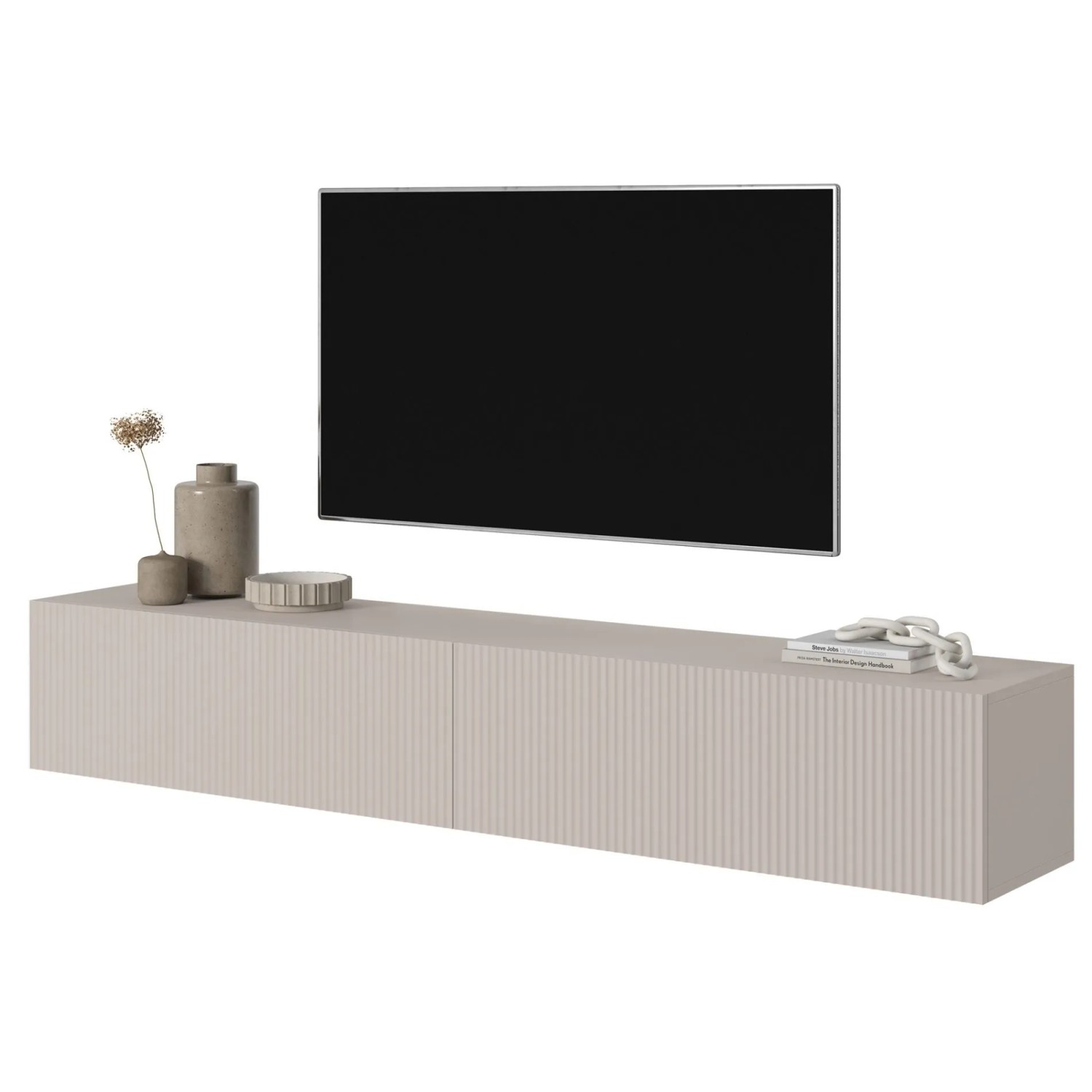 Selsey Veldio TV-Hängeboard, 175 cm, in Greige mit moderner Lamellenfront. Wandmontierter TV-Schrank mit Stauraum.