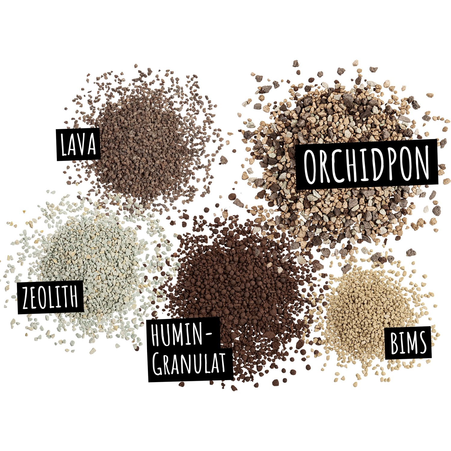 Bestandteile Lechuza Orchidpon: Lava, Bims, Zeolith, Dünger und Huminstoffe für Orchideen.