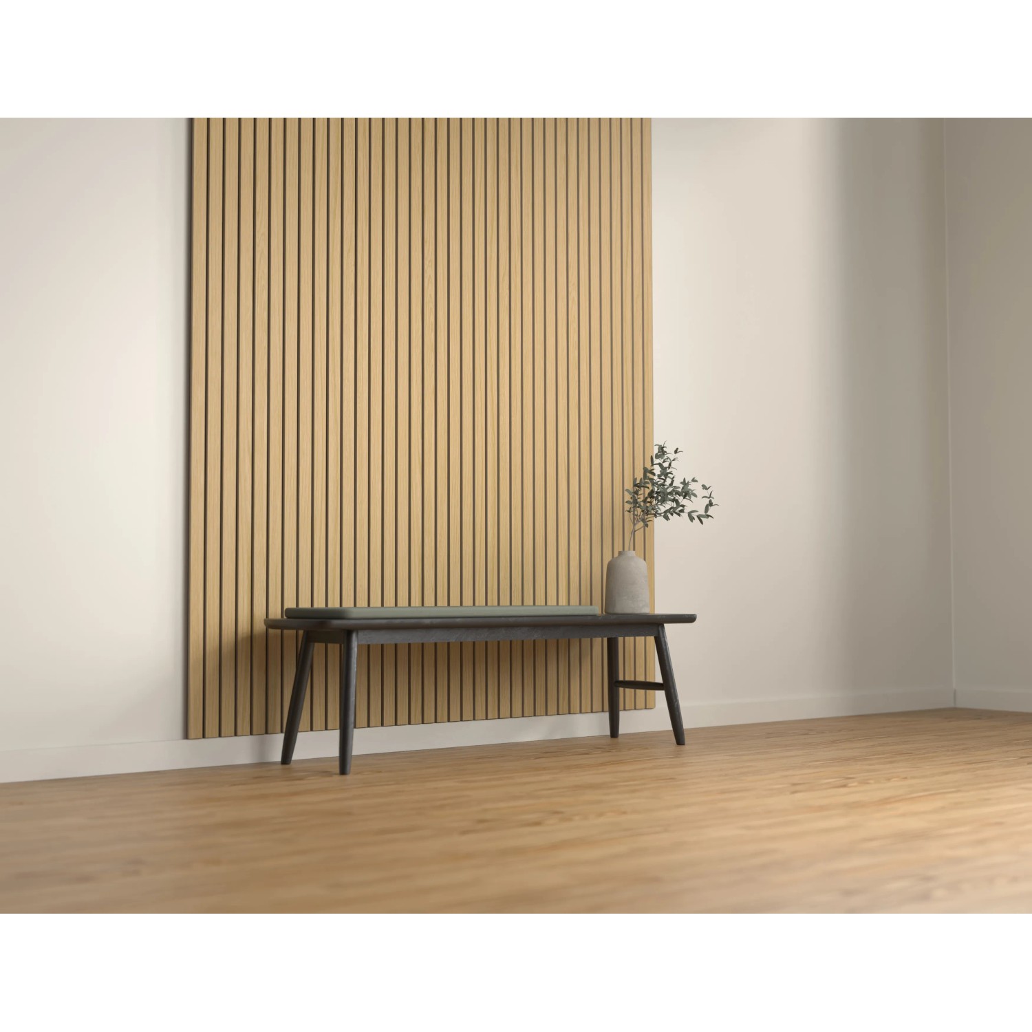 Akustikpaneel Eiche, brandhemmend, 60x300cm, an Wand montiert. Schwarzer Filz sichtbar.