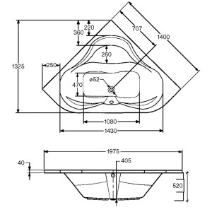 Technische Zeichnung der weißen Eckbadewanne Lucia, 140 cm, mit Maßangaben.