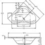 Technische Zeichnung der weißen Eckbadewanne Lucia, 140 cm, mit Maßangaben.