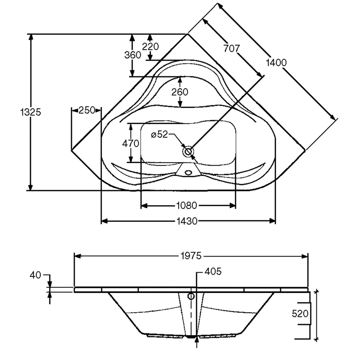 Technische Zeichnung der weißen Eckbadewanne Lucia, 140 cm, mit Maßangaben.