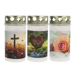 3er Set Hofer Grablichter Brenner T3, weiß, mit Motiven Kreuz, Herz, Rose. Goldene Deckel, 123 mm.