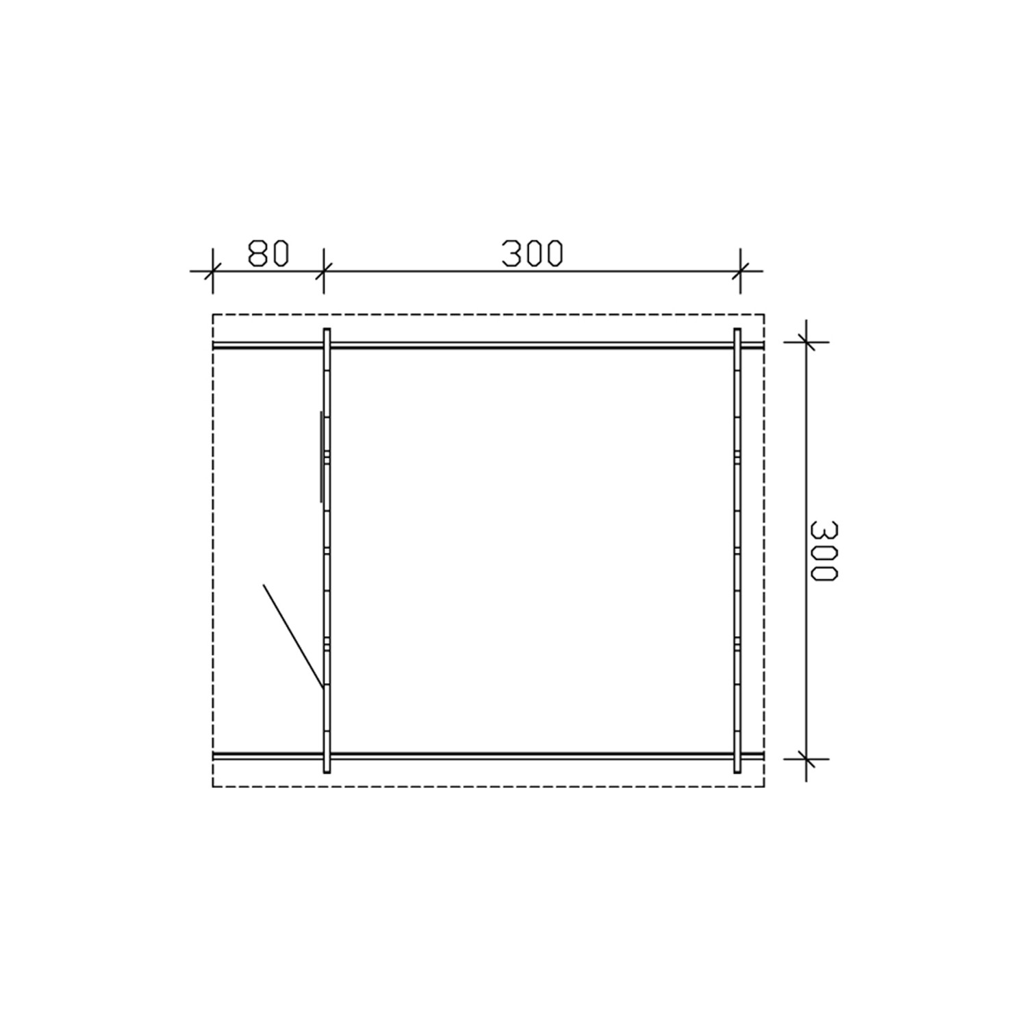 Grundrisszeichnung des Skan Holz Gartenhauses Narvik 1 (300x300 cm) in Natur, mit Maßangaben.