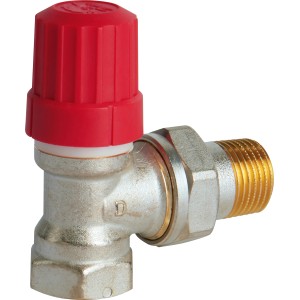 Danfoss Thermostat-Set Ventil RAS-C 1/2 Eck mit rotem Thermostatkopf und silberfarbenem Eckventil.