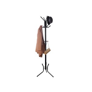 Schwarzer Songmics Hutständer mit 12 Haken, Mantel, Hut und Tasche.