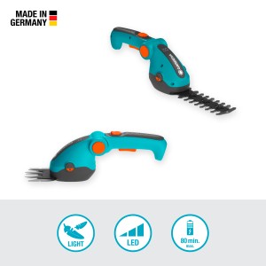Gardena Akku-Gras- und Strauchschere ComfortCut Li Set, türkis/grau, mit zwei Messern.