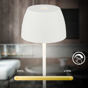 Weiße Brilo LED Akku Tischleuchte Serina Mini, dimmbar, 20 cm hoch, für den Innen- und Außenbereich.