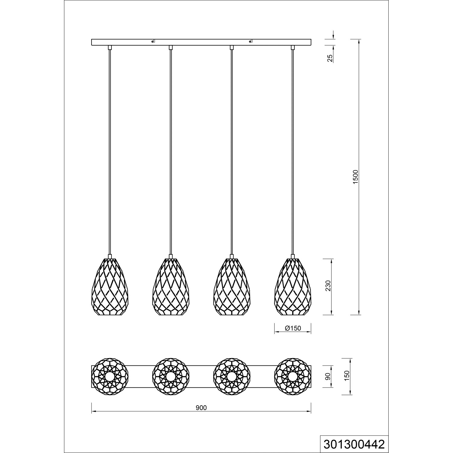 Technische Zeichnung der anthrazitfarbenen Trio Deckenlampe Onyx, 4-flammig mit E27 Fassung.