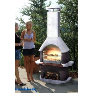 Buschbeck Gartengrillkamin San Remo in Weiß-Braun mit Grillrost und Holzfach.