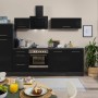 Respekta Premium Küchenzeile 280 cm in Schwarz Hochglanz und Eiche Grau mit E-Geräten.