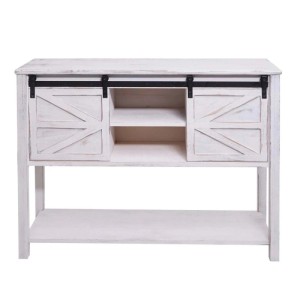 Weiße MCW Kommode D57 mit Schiebetüren und Ablageflächen im Shabby-Look.