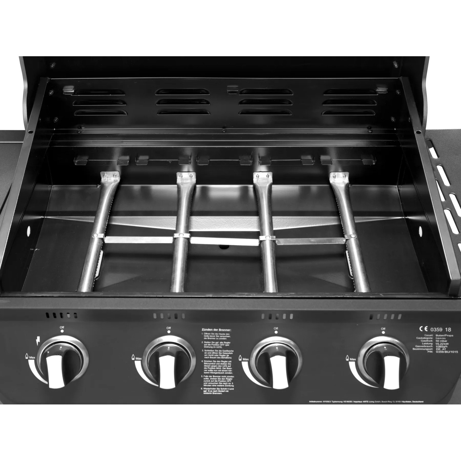 El Fuego Gasgrill Columbus, 4 Brenner, offen. Detailaufnahme der Brenner und Bedienelemente des schwarzen Grills.