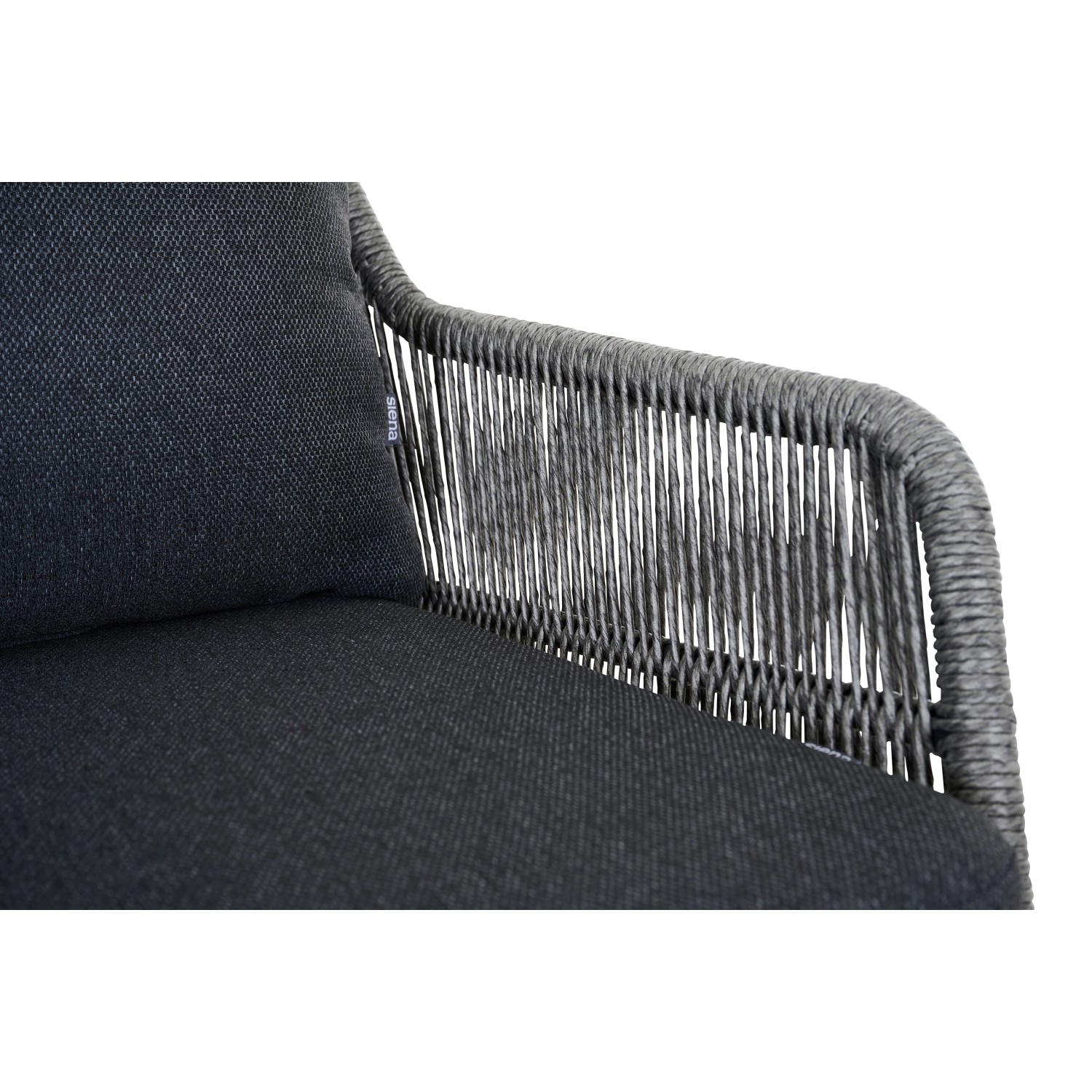 Detailansicht: Graues Siena Garden Kansas Loungesofa mit Kordel-Design und Kissen.