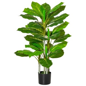 Dekorative HOMCOM Kunstpflanze, 95 cm, grüne Blätter mit hellem Muster in schwarzem Topf.
