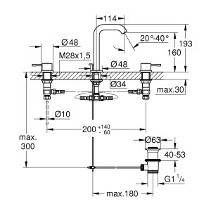 Technische Zeichnung: Grohe Essence 3-Loch Waschtischarmatur in Chrom mit Maßangaben.