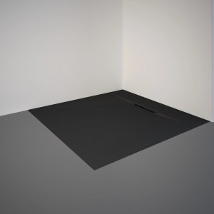 Quadratische, anthrazitfarbene Schulte Duschwanne ExpressPlus Extraflach 90x90 cm im Badezimmer.