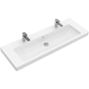 Villeroy & Boch Subway 2.0 Doppelwaschbecken, 130 cm, Alpinweiß mit zwei Armaturen.