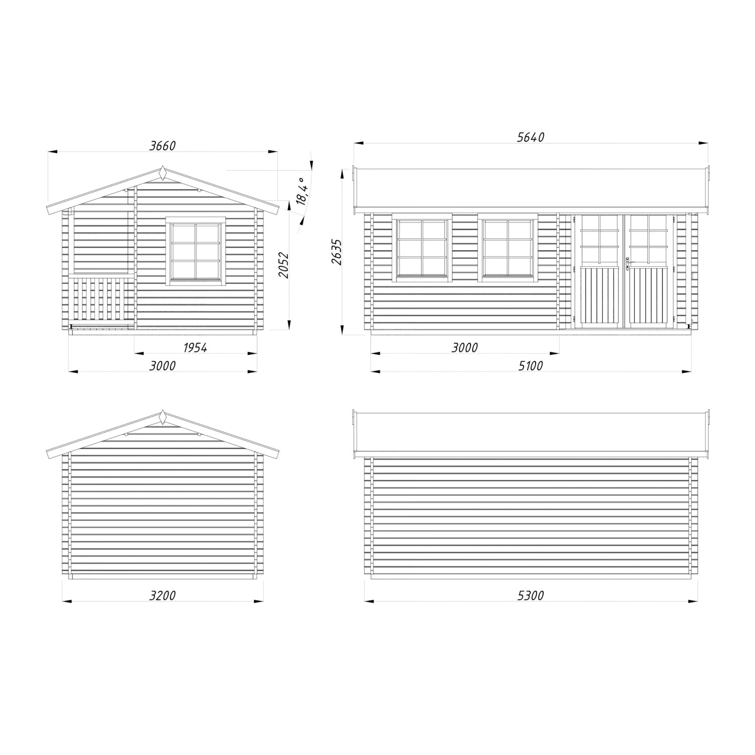 Technische Zeichnung Palmako Susanna Holz-Gartenhaus, hellbraun, 510x300cm, Satteldach, mit Maßangaben.