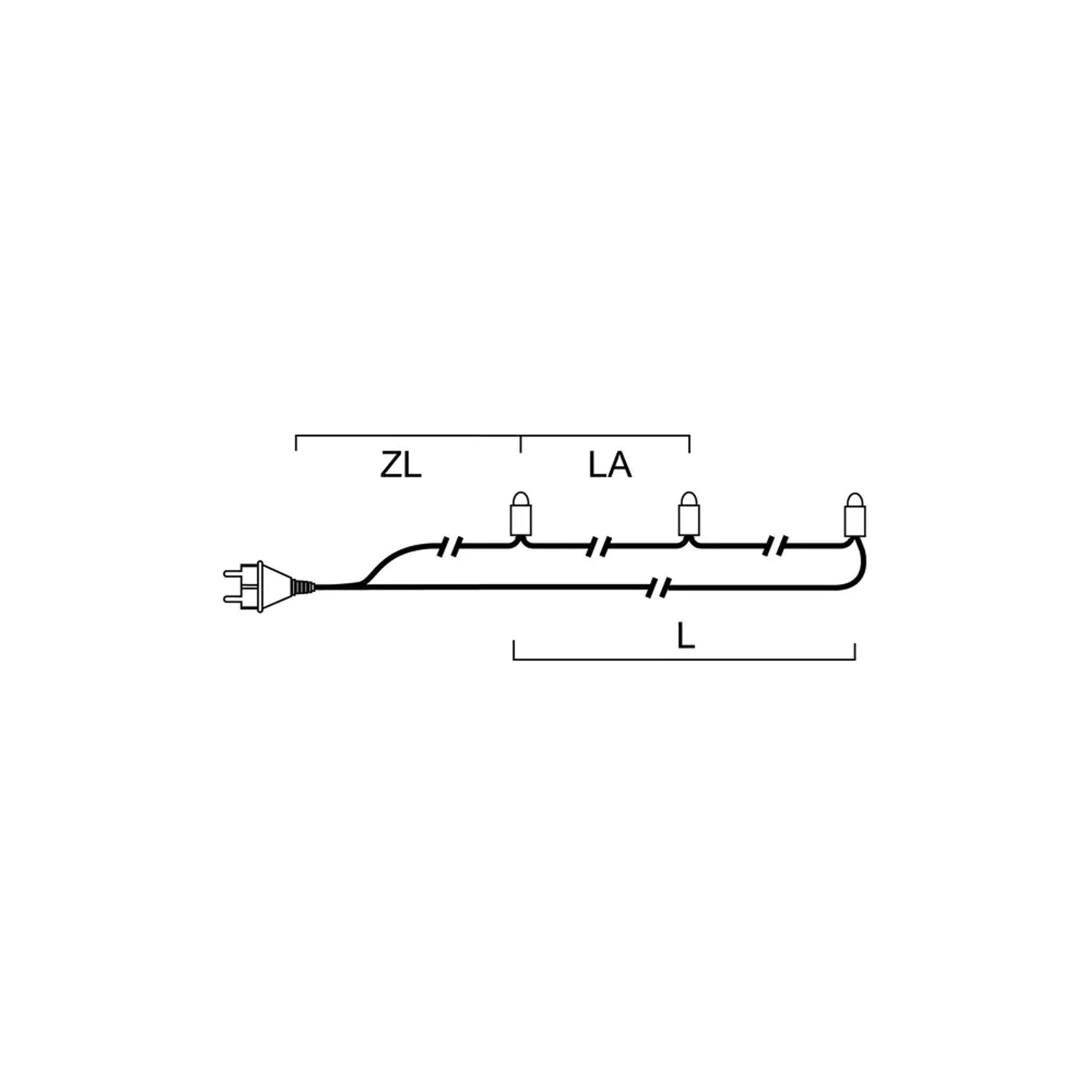 Skizze einer Konstsmide Mini LED Lichterkette mit 35 warmweißen LEDs für den Innenbereich.