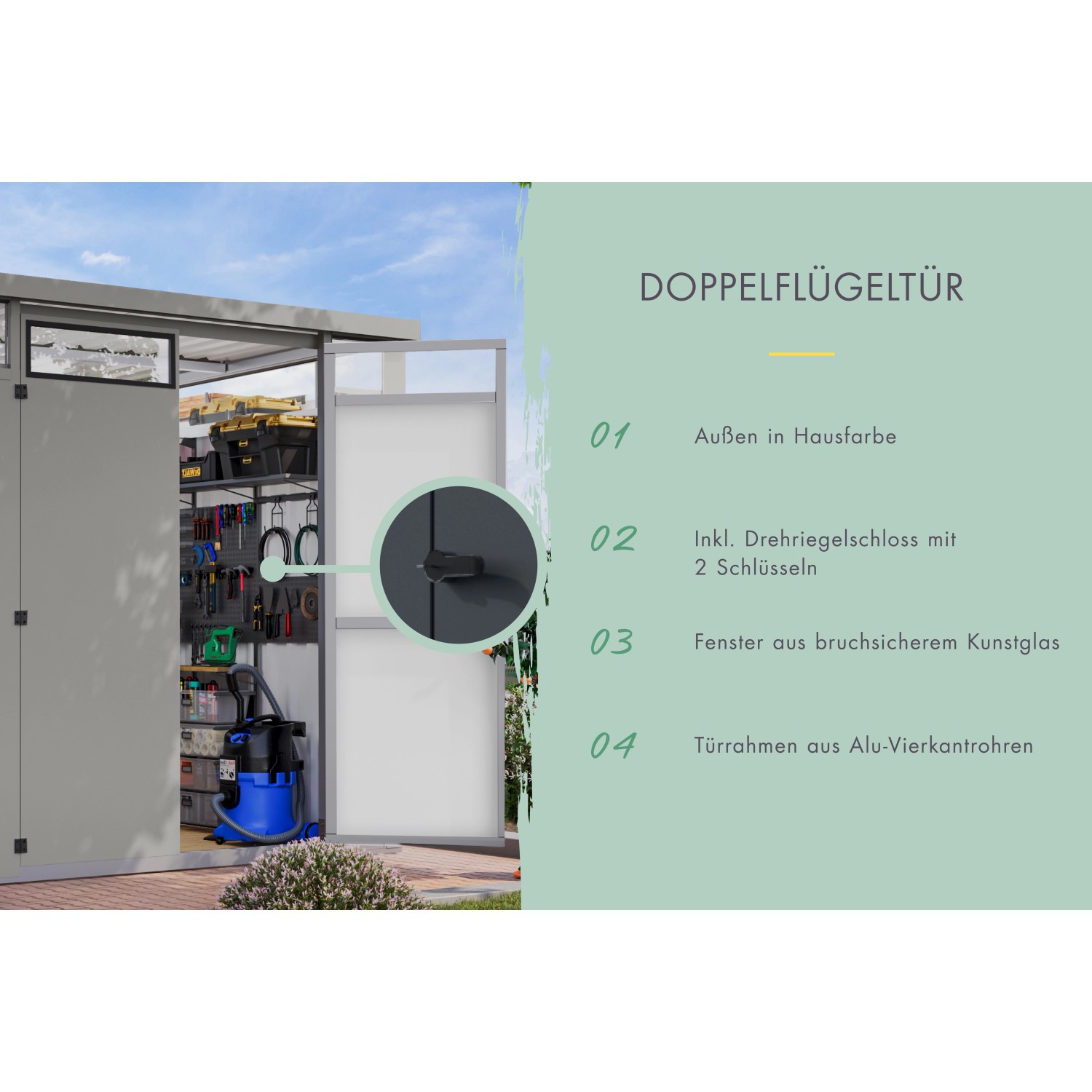 Karibu Metallgerätehaus Amato: Detailansicht der Doppelflügeltür mit Schloss und Kunstglasfenster.