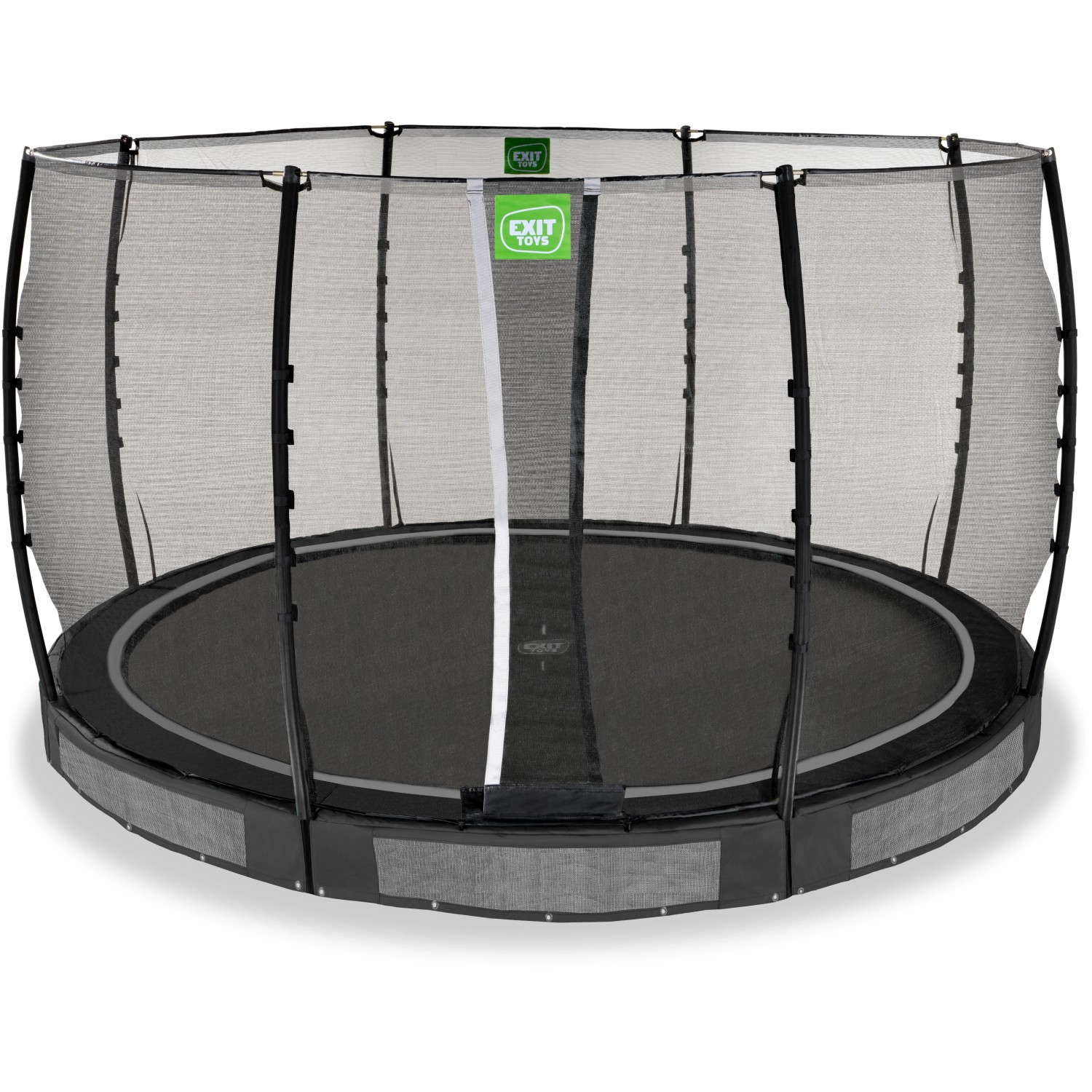 Schwarzes EXIT Allure Classic Bodentrampolin Ø 366 cm mit Sicherheitsnetz.