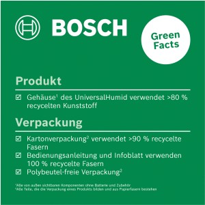 Nachhaltigkeit: Bosch UniversalHumid Feuchtigkeitsmesser mit recycelten Materialien in Produkt & Verpackung.