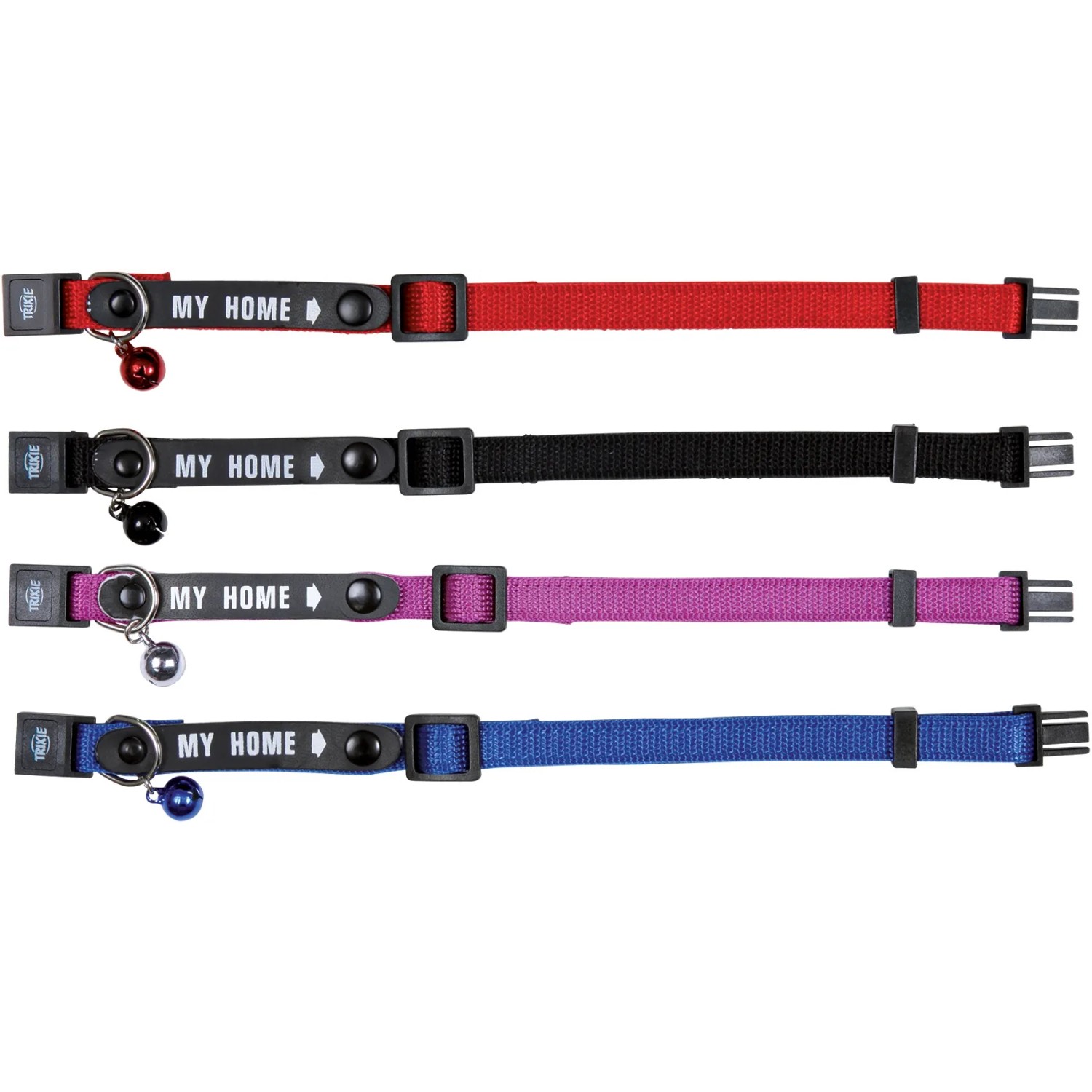 Trixie Katzenhalsbänder in Rot, Schwarz, Lila und Blau mit Adresslasche und Glöckchen.