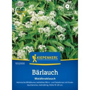 Kiepenkerl Bärlauch Saatgut: Packung mit Bärlauch (Waldknoblauch) mit weißen Blüten und grünen Blättern.