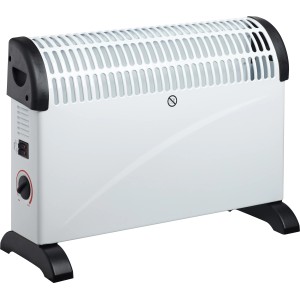 Weißer Konvektorheizer Idala 2000 W mit schwarzem Fuß und Thermostat.