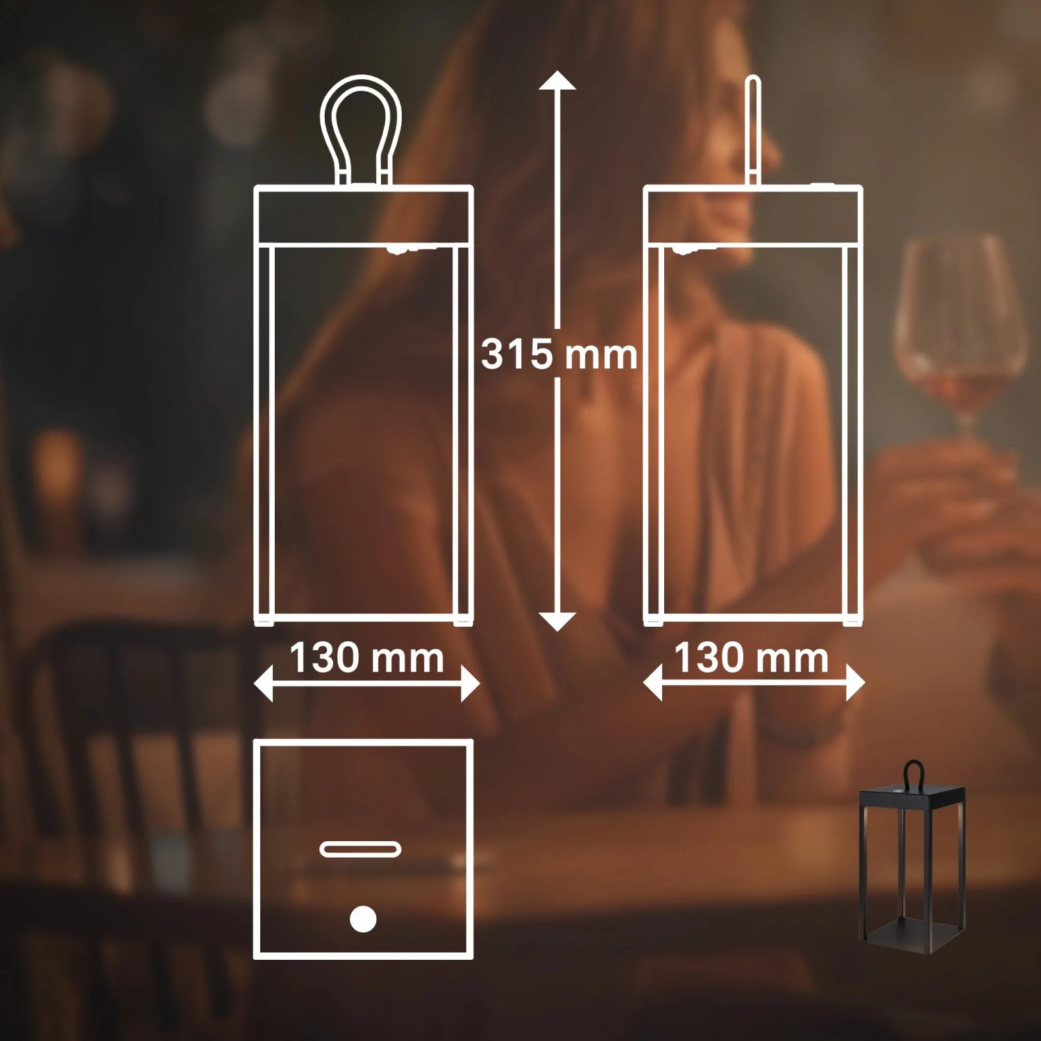 Skizze der Brilo LED Laterne Luca, Maße: 315 mm hoch, 130 mm breit. Detailansicht des Touch-Dimmers.