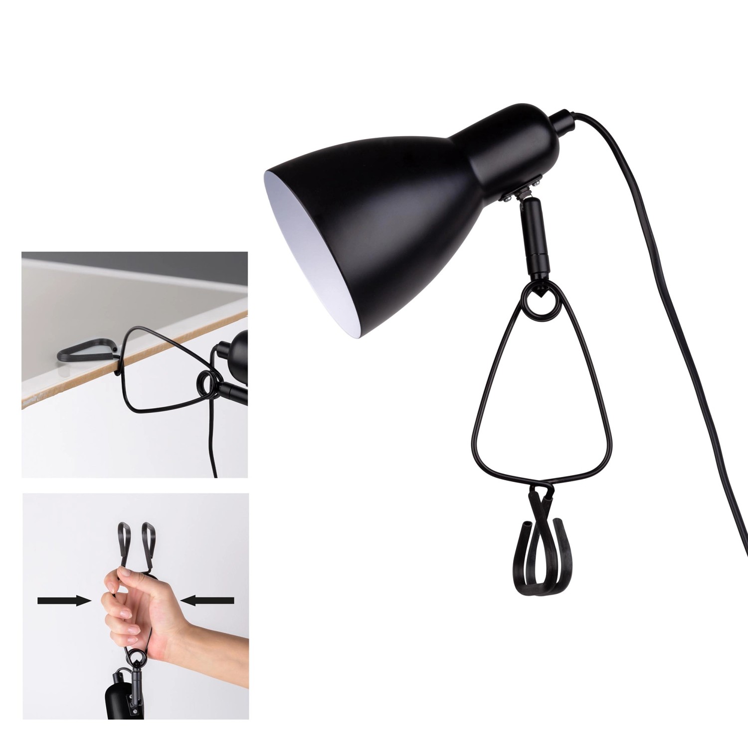 Schwarze Näve Klemmleuchte Mara, 28 cm, mit Metallklemme und Schalter am Kabel.