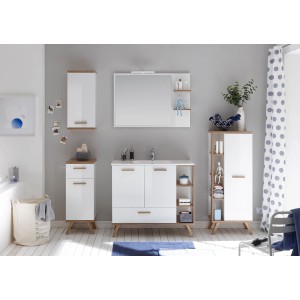 Pelipal Badmöbel-Set Quickset 923, 6-teilig, Weiß/Riviera Eiche, mit Waschtisch, Spiegel, Unterschränken und Midischrank.