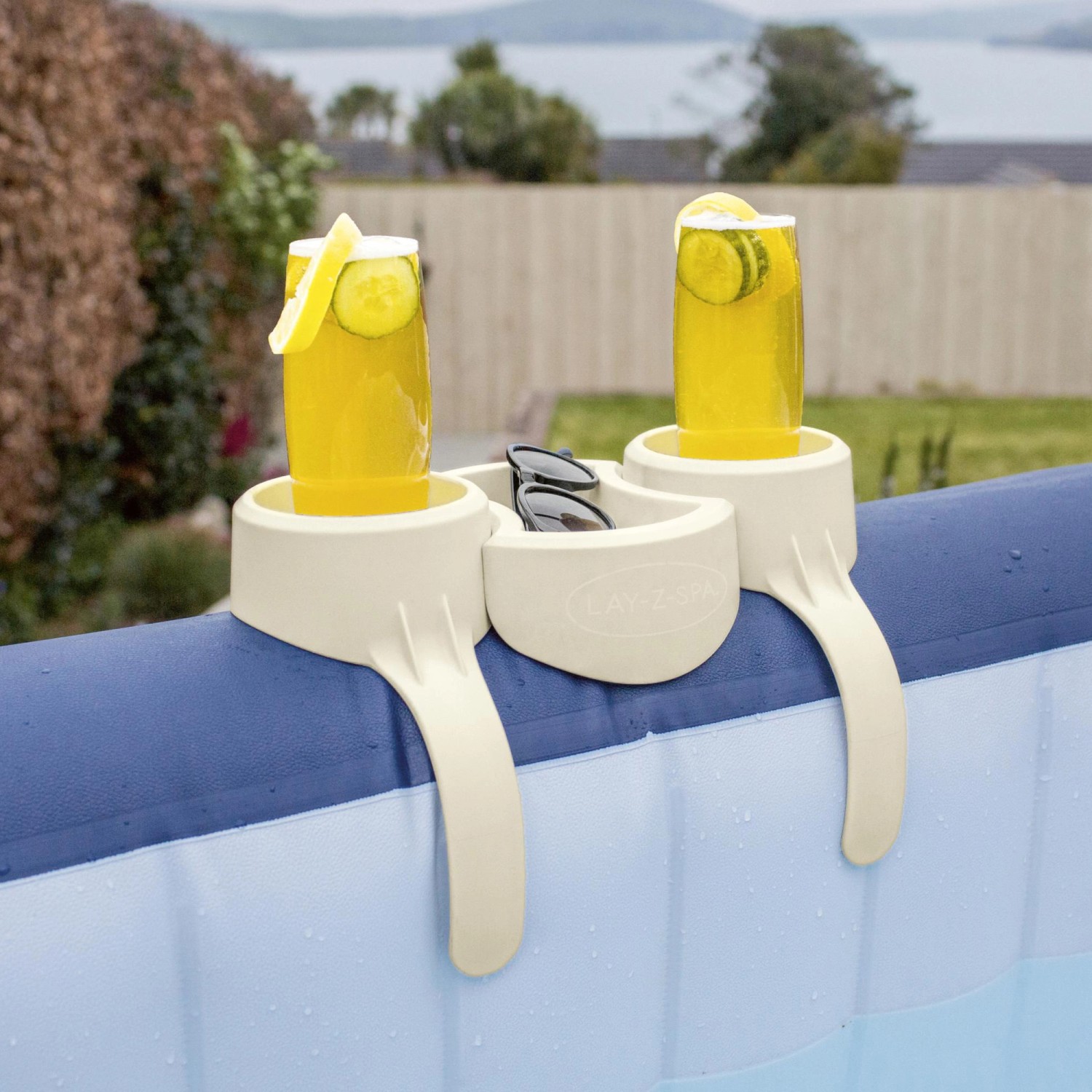 Bestway Getränkehalter für Lay Z Spa mit 2 Haltern und Ablage am Poolrand.