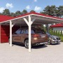 Doppelcarport Ralf mit Geräteraum, reinweiß, Blechdach rot, 600x868 cm. Zwei Autos unter dem Carport.